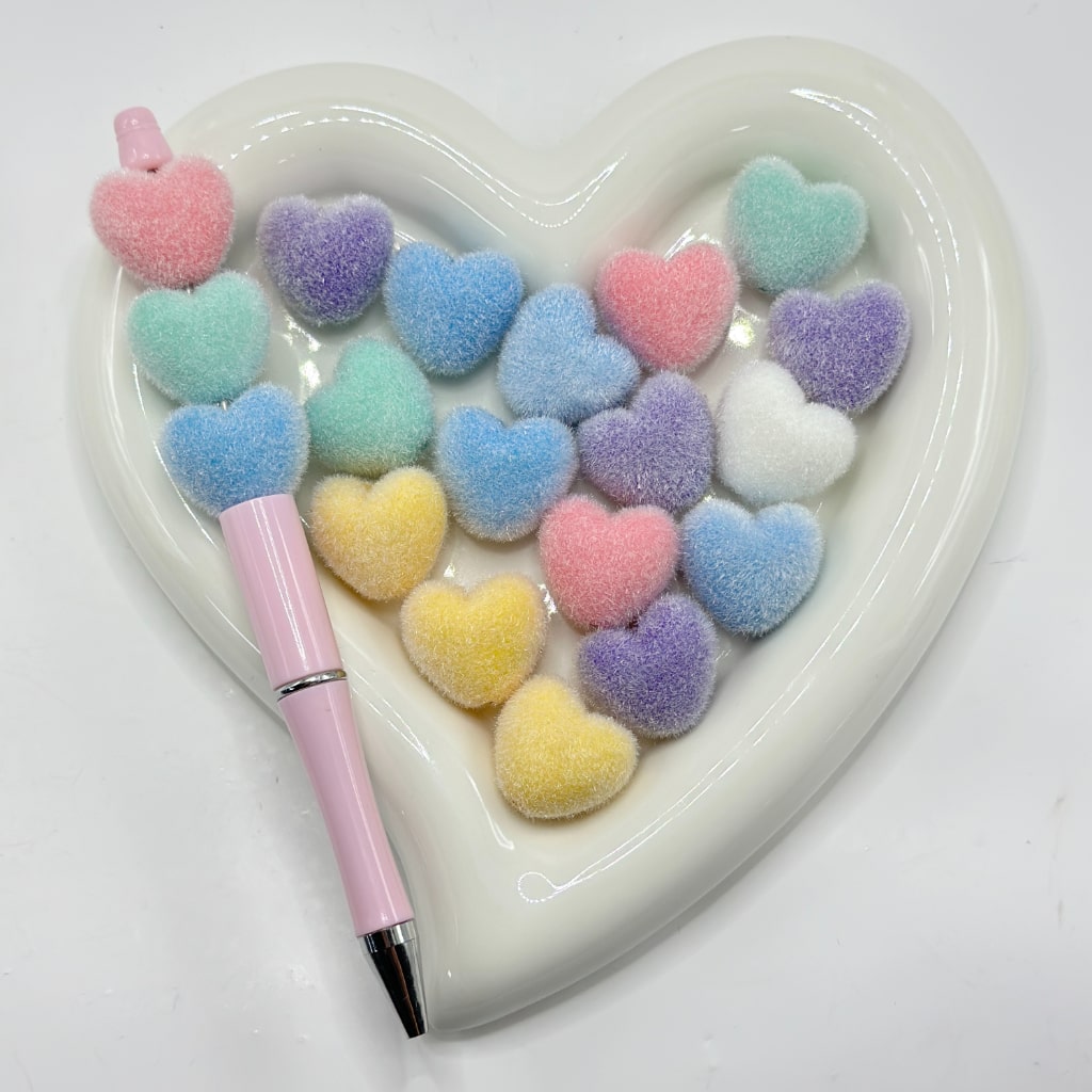 Solid Color Cute Flocked Heart Shape Acrylic Beads, Random Mix, Around 22*20MM