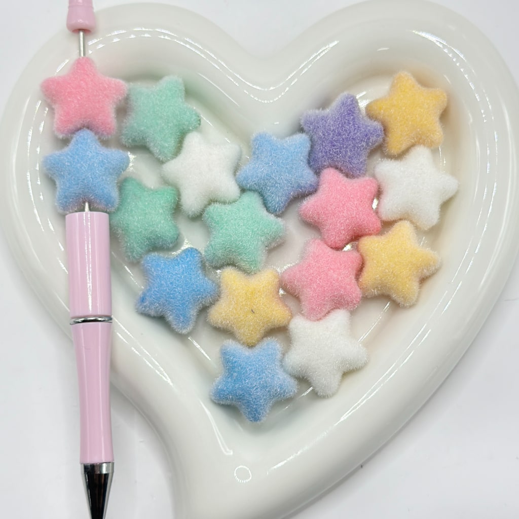 Solid Color Cute Flocked Five-Pointed Star Shape Acrylic Beads, Random Mix, Around 23.5MM