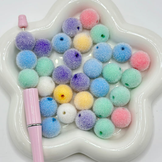 Solid Color Cute Flocked Round Acrylic Beads, Random Mix, 16MM