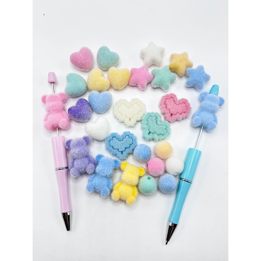 Solid Color Cute Flocked Bears Hearts Stars Balls Acrylic Beads, Random Mix