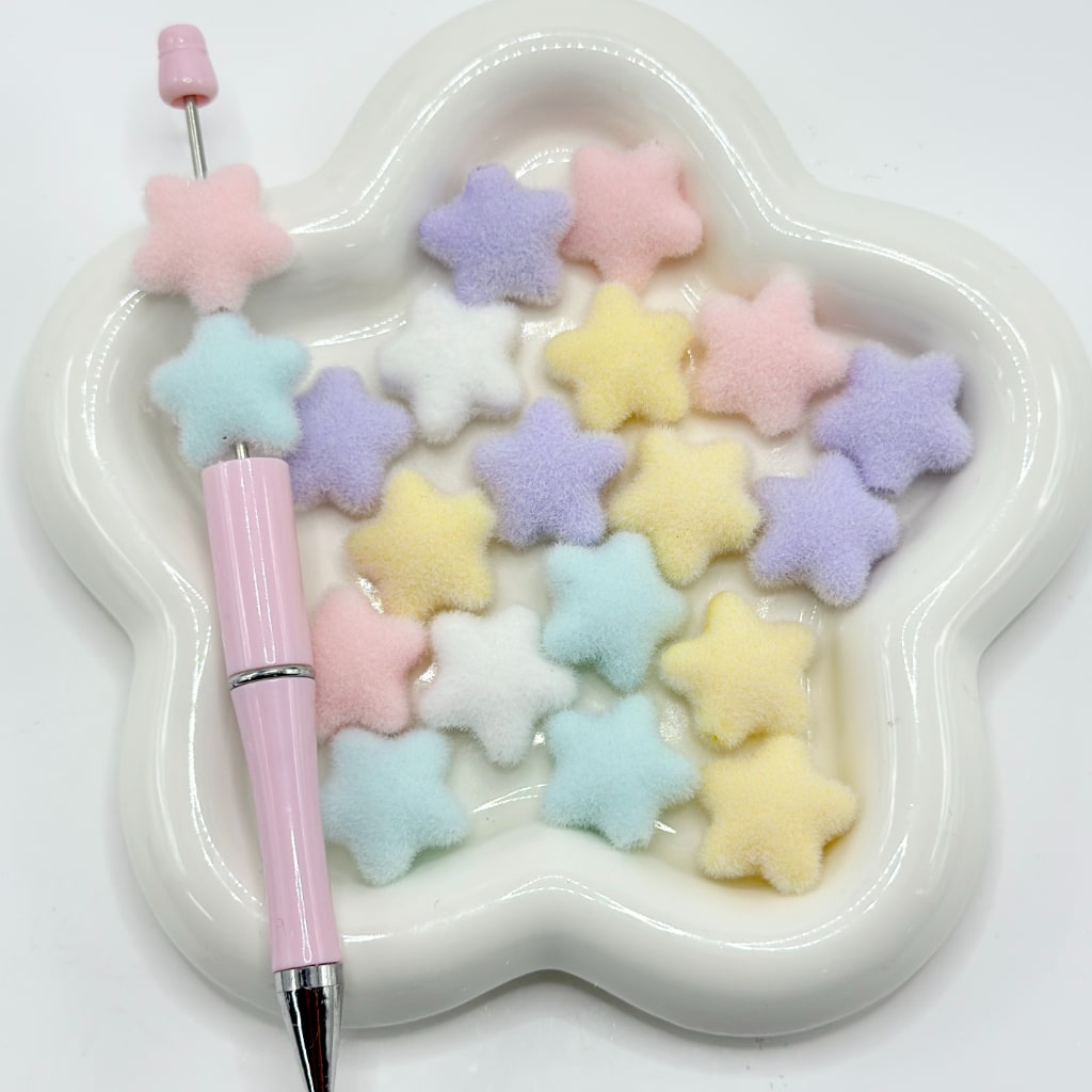 Solid Color Cute Flocked Stars Acrylic Beads, Random Mix, 21.5MM