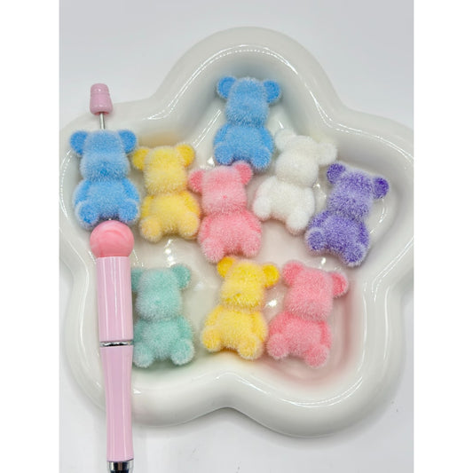 Large Solid Color Cute Flocked Bears Acrylic Beads, Random Mix, 34*23MM