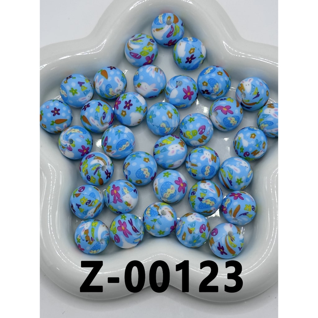 Easter Colorful Eggs Flowers Rabbits Blue Round Printed Silicone Beads 15mm, Number Z-00123