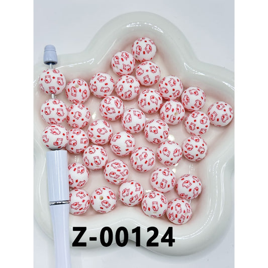 Red Cross Heart Nurse Doctor Uniform Clothe White Round Printed Silicone Beads 15mm, Number Z-00124