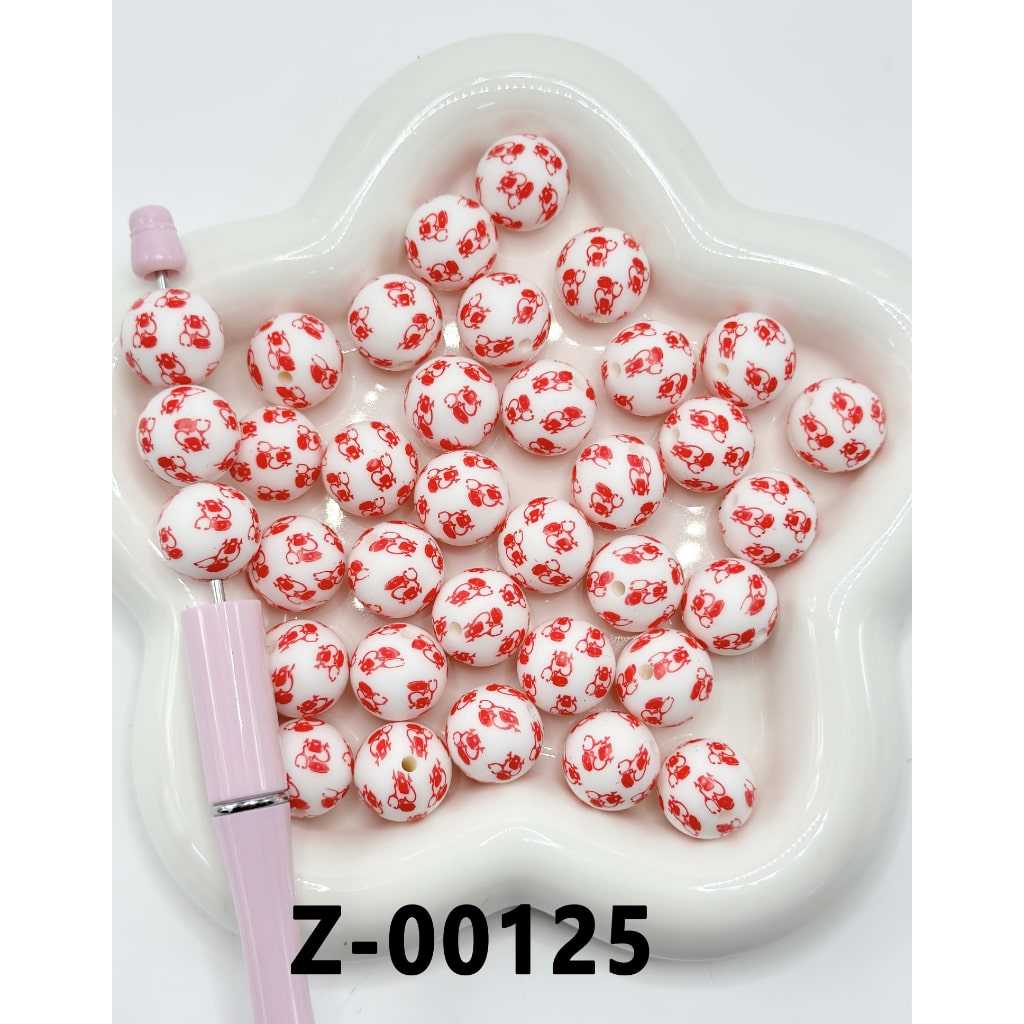 Red Stethoscopes White Round Printed Silicone Beads 15mm, Number Z-00125