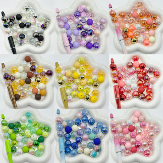 Multi-Color Solid Color Metallic Color Clear UV Finish Glitter Mix Round Acrylic Beads , 16MM