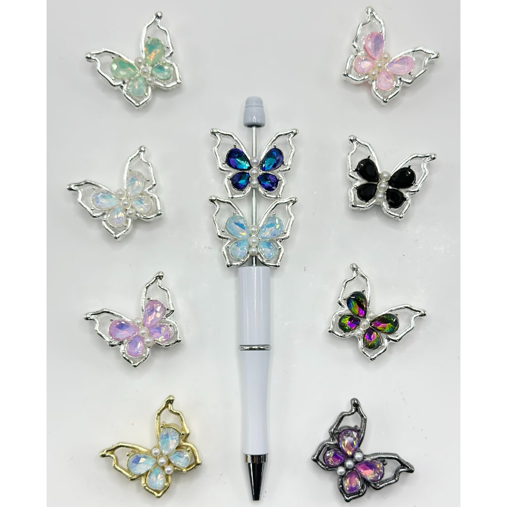 Vivid Cute Alloy Butterfly with White Pearls Shiny Diamond, Random Mix, Around 33*26MM