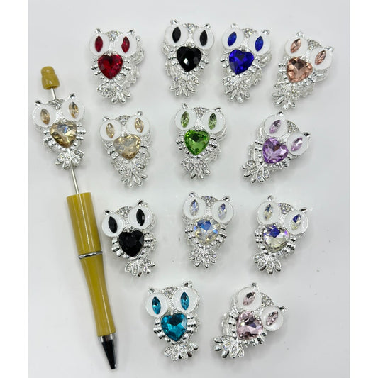 Bling Bling Cute Silver Hollow Alloy Owl with Heart Diamond Mini Clear Rhinestones, Random Mix, Around 34*24MM