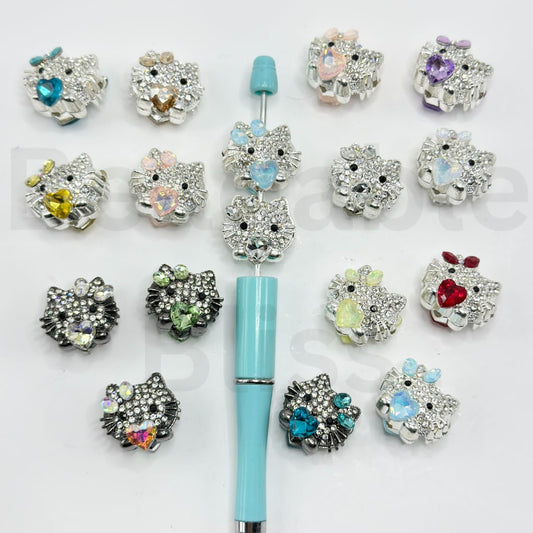 Mini Cute Silver & Gun Black Alloy HK Kitten Cat Head with Heart Diamond Clear Rhinestones, Random Mix, Around 23*20MM