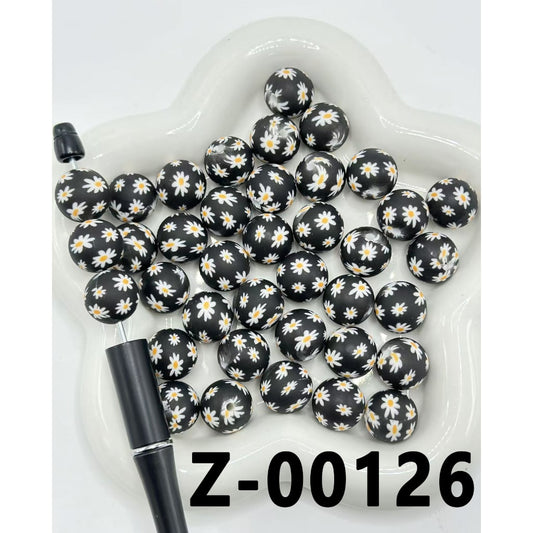 Small Cute Flowers Black Round Printed Silicone Beads 15mm, Number Z-00126