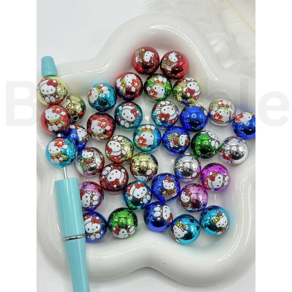 Shiny Glossy Colorful Cute HK Kitten Sanri with Red Christmas Hat Round Acrylic Beads, Random Mix, 16MM