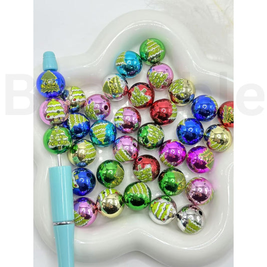 Shiny Glossy Colorful  Christmas Tree with Star Bell Ornaments Round Acrylic Beads, Random Mix, 16MM