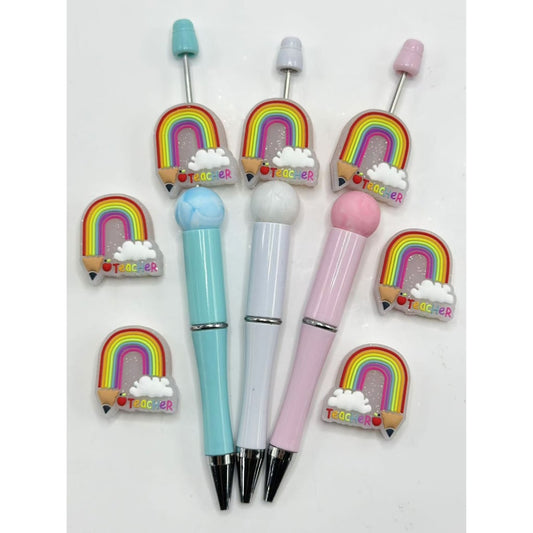 Glittery Cute Rainbow Pencil Cloud Apple Teacher School Silicone Focal Beads