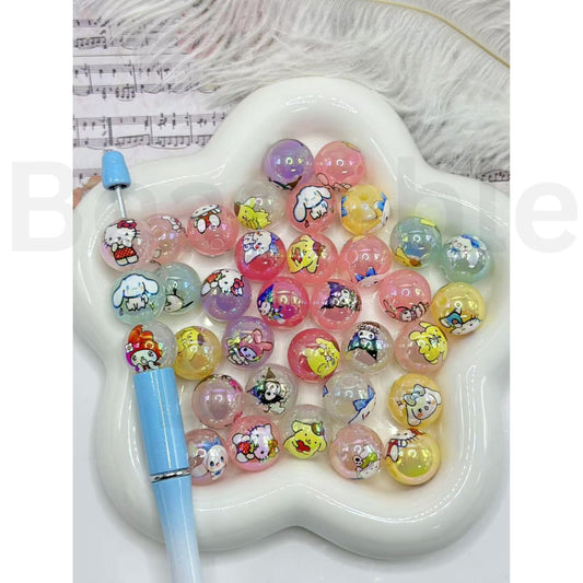 Cute Sanri HK Kitten Kurom Pom Pom Melod Pochacc Cartoon Jelly Color Round Acrylic Beads, Random Mix, 16MM