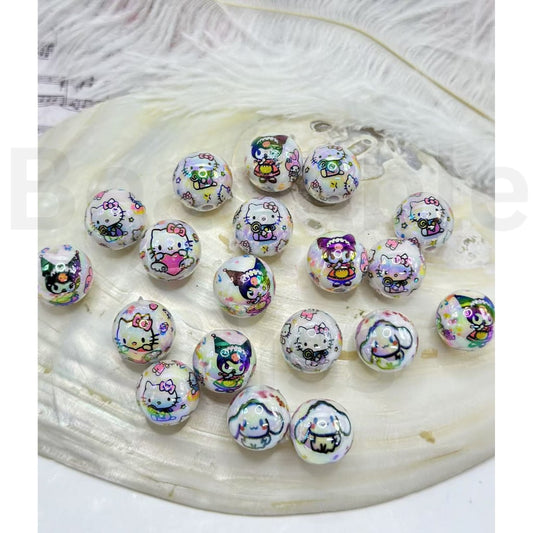 UV Finish Cute Sanri HK Kitten Kurom Pom Pom Melod Pochacc Cartoon Round Acrylic Beads, Random Mix, 16MM