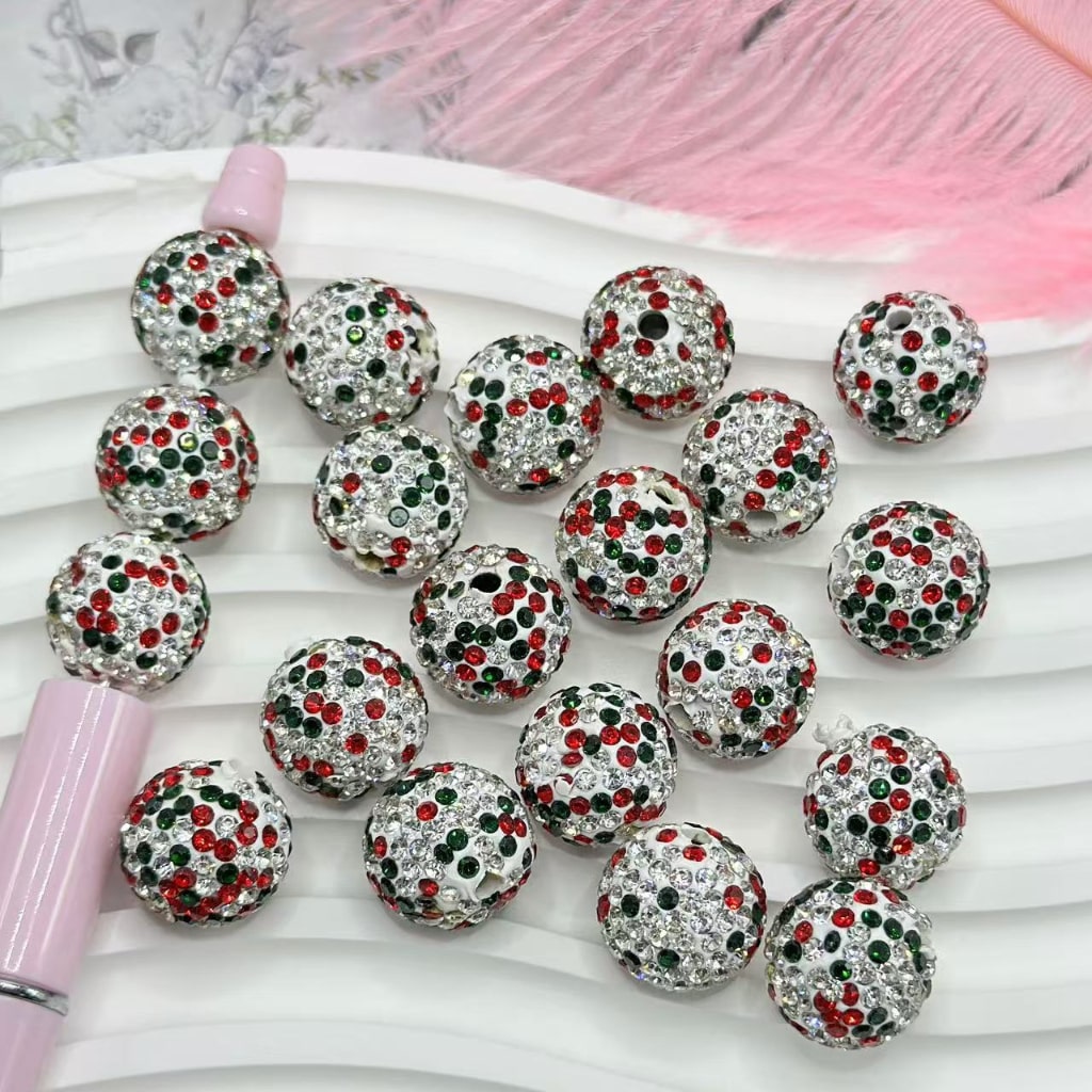 Bling Bling Christmas Colors Clear Red Green Rhinestones White Round Clay Beads, Random Mix, 16MM