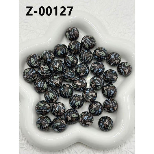 Cereus Cactus Abstract Designs Black Round Printed Silicone Beads 15mm, Number Z-00127