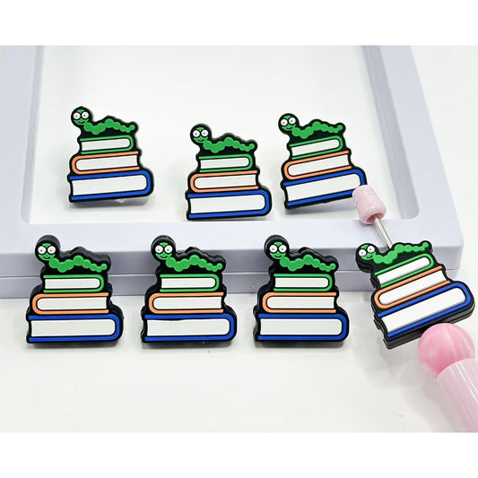 Mini Cute Green Worm with Books Silicone Focal Beads