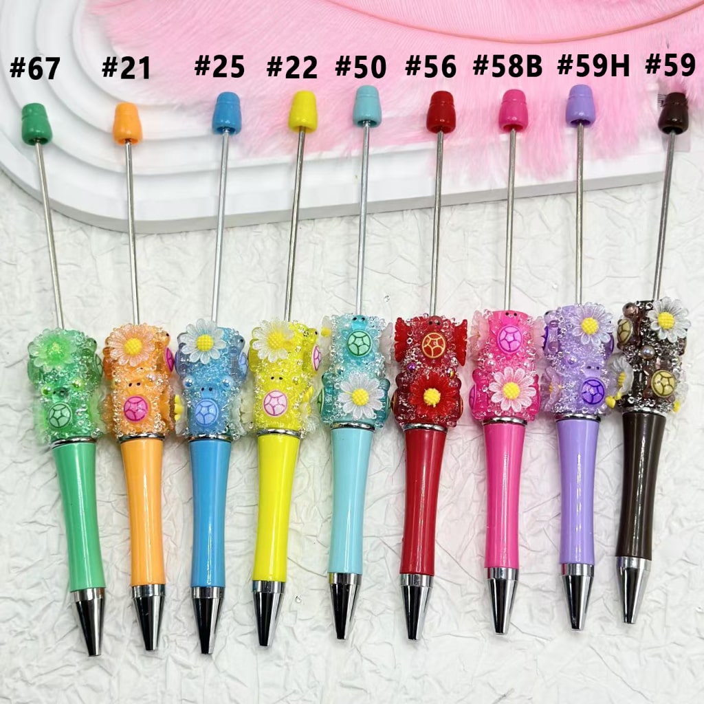 Beadable Plastic Pens in Solid Colors with Small Flowers Cute Turtles Shiny Pearls