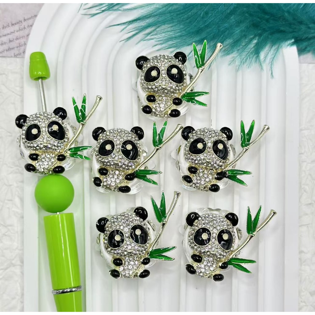 Bling Bling Little Cute Alloy Panda Holds Bamboo with Shiny Rhinestones Heart Star Butterfly Diamonds Clay Beads, Around 35*33MM