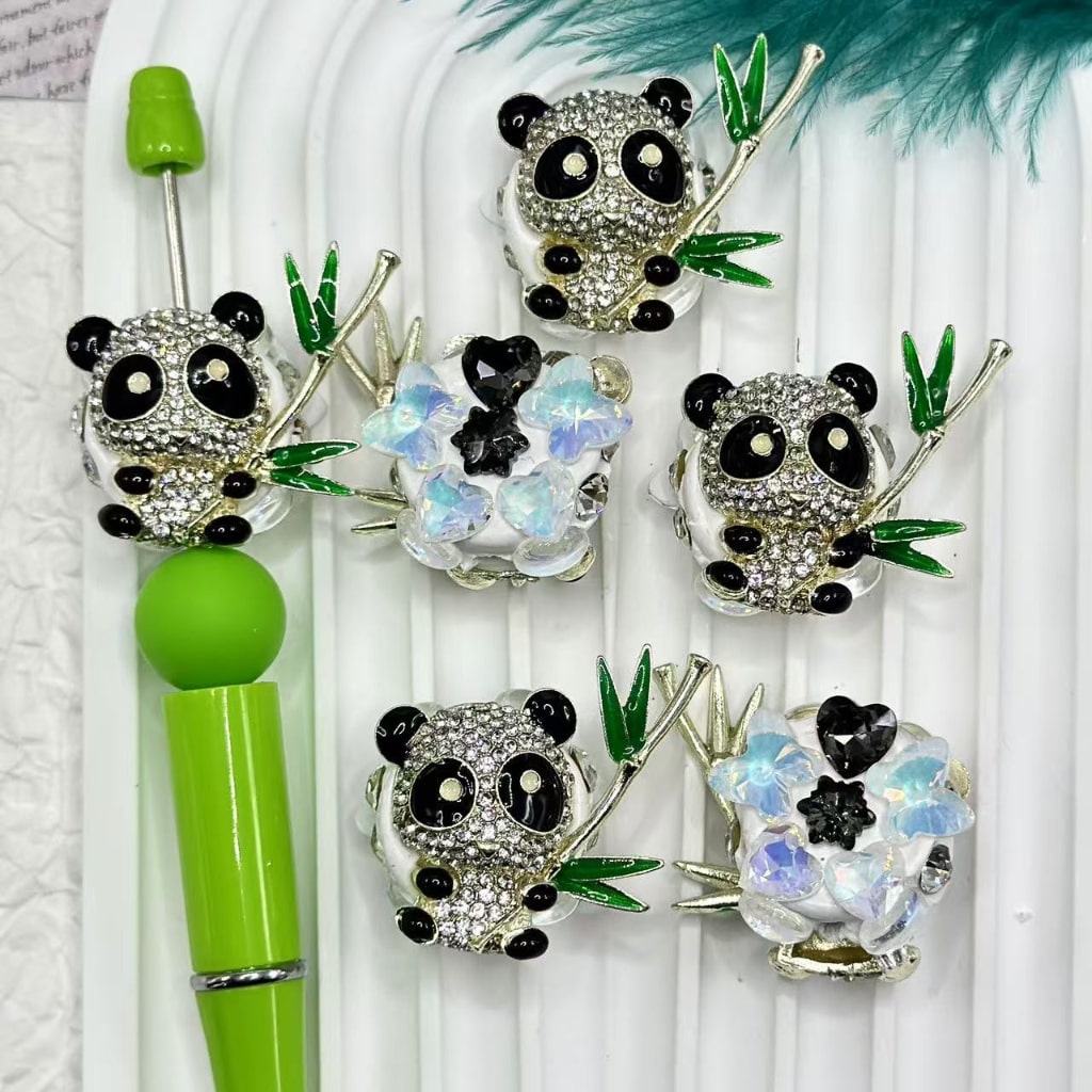 Bling Bling Little Cute Alloy Panda Holds Bamboo with Shiny Rhinestones Heart Star Butterfly Diamonds Clay Beads, Around 35*33MM