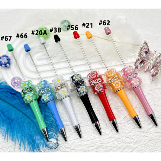 Solid Color Beadable Pens with Small Flowers Shiny Pearls Heart Diamonds 2025 Alloy Luxury Metal Nail Art Rhinestones