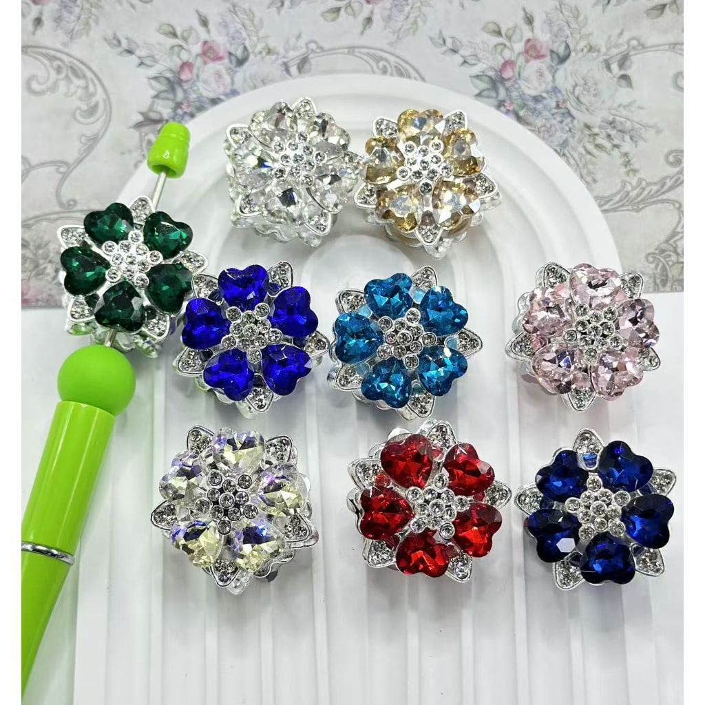 Bling Bling Silver Alloy Flower with Shiny Rhinestones Heart Diamonds Clay Beads, Random Mix, Around 30*24MM