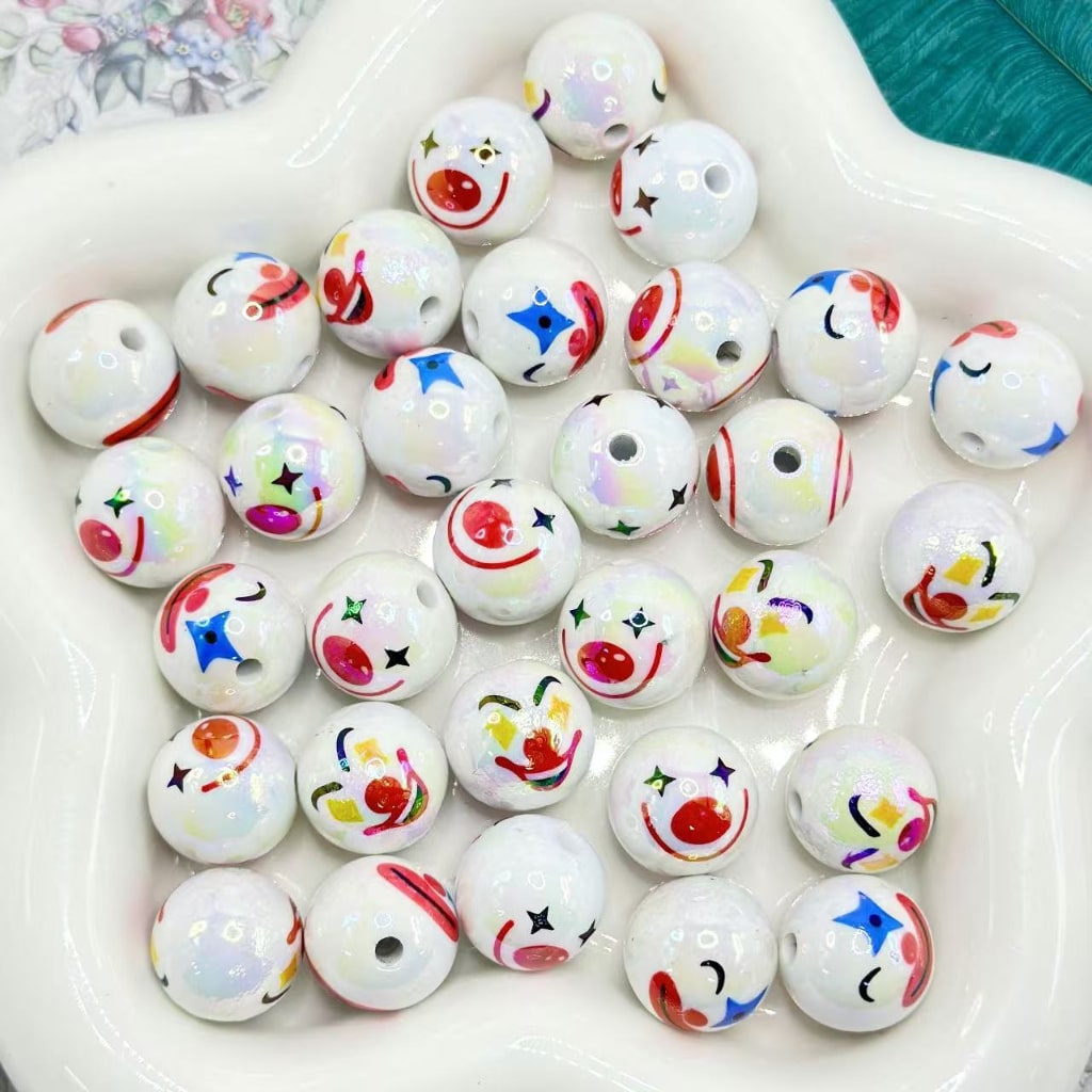 UV Finish Cute Clown Face White Round Acrylic Beads, 16MM