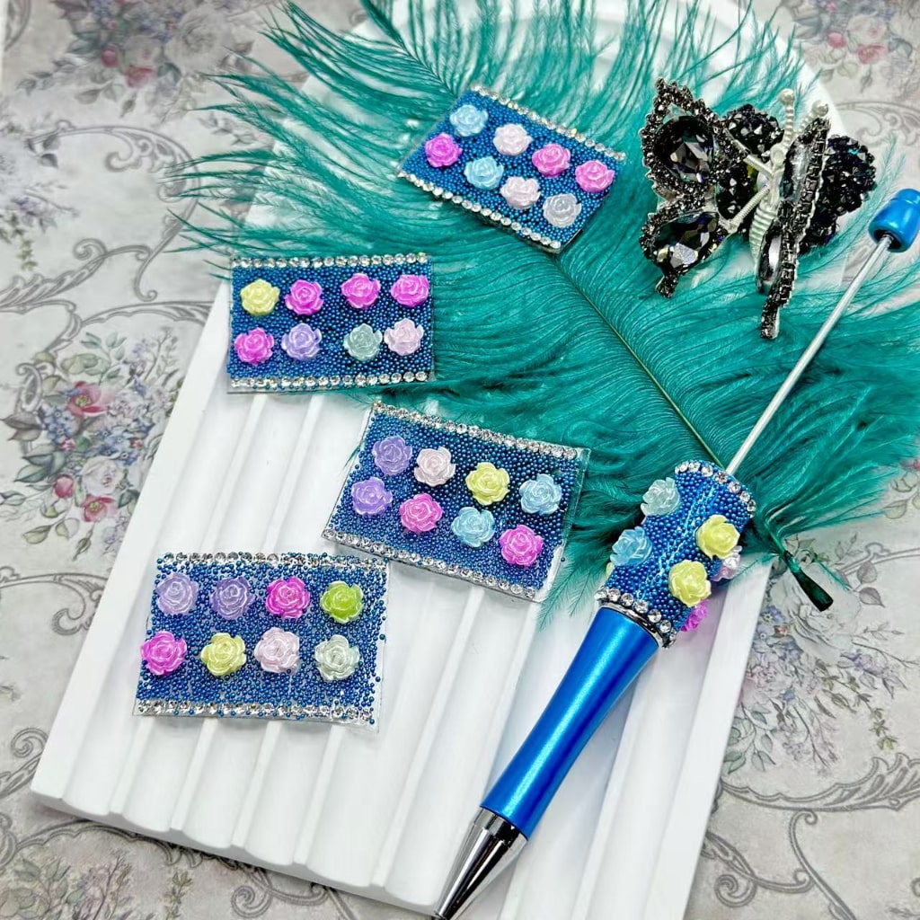 DIY Bling Bling Wraps Tapes with Colorful Flowers Blue Mini Rhinestones Clear Rhinestone Chain for Pen, 78 Small Pieces in 1 Sheet, Please Read the Description