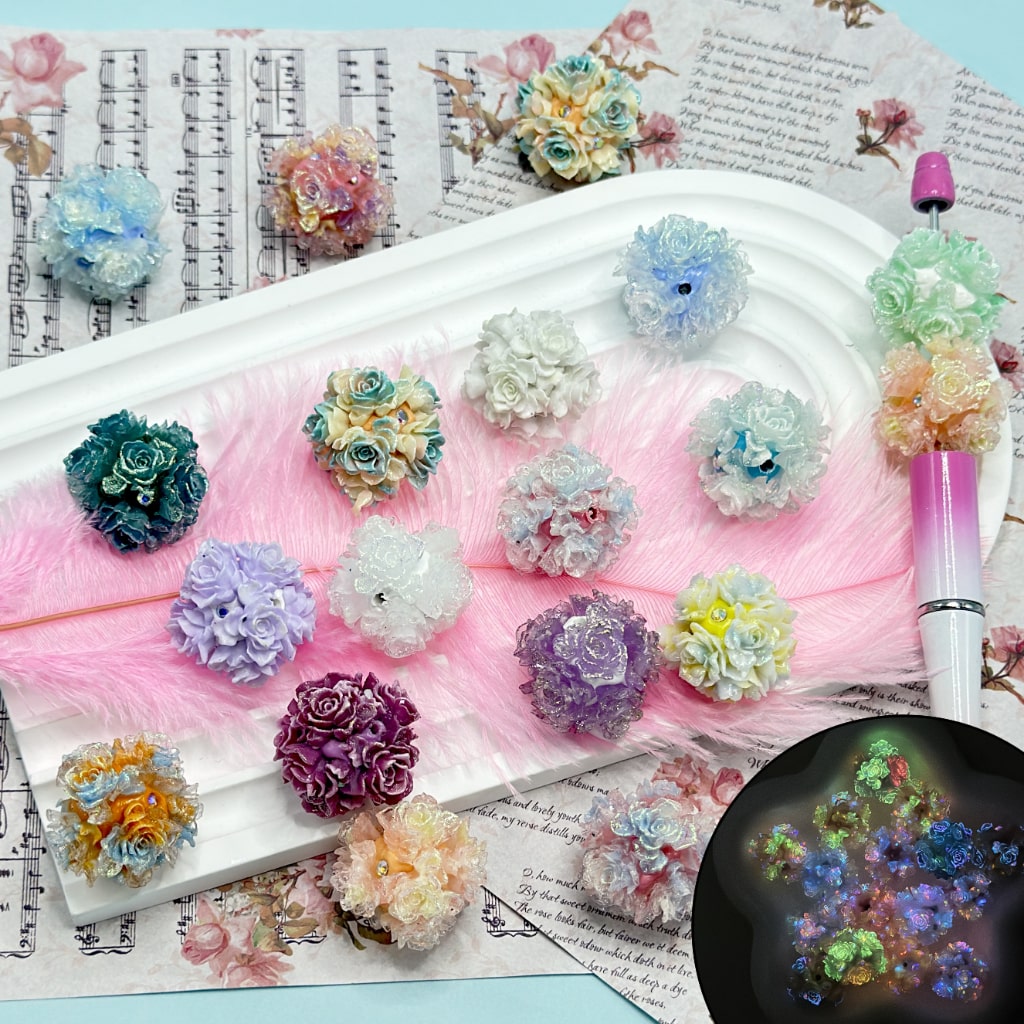 Luminous Delicate Colorful Flowers AB Color Mini Rhinestones Round Clay Beads, Random Mix, Around 25MM