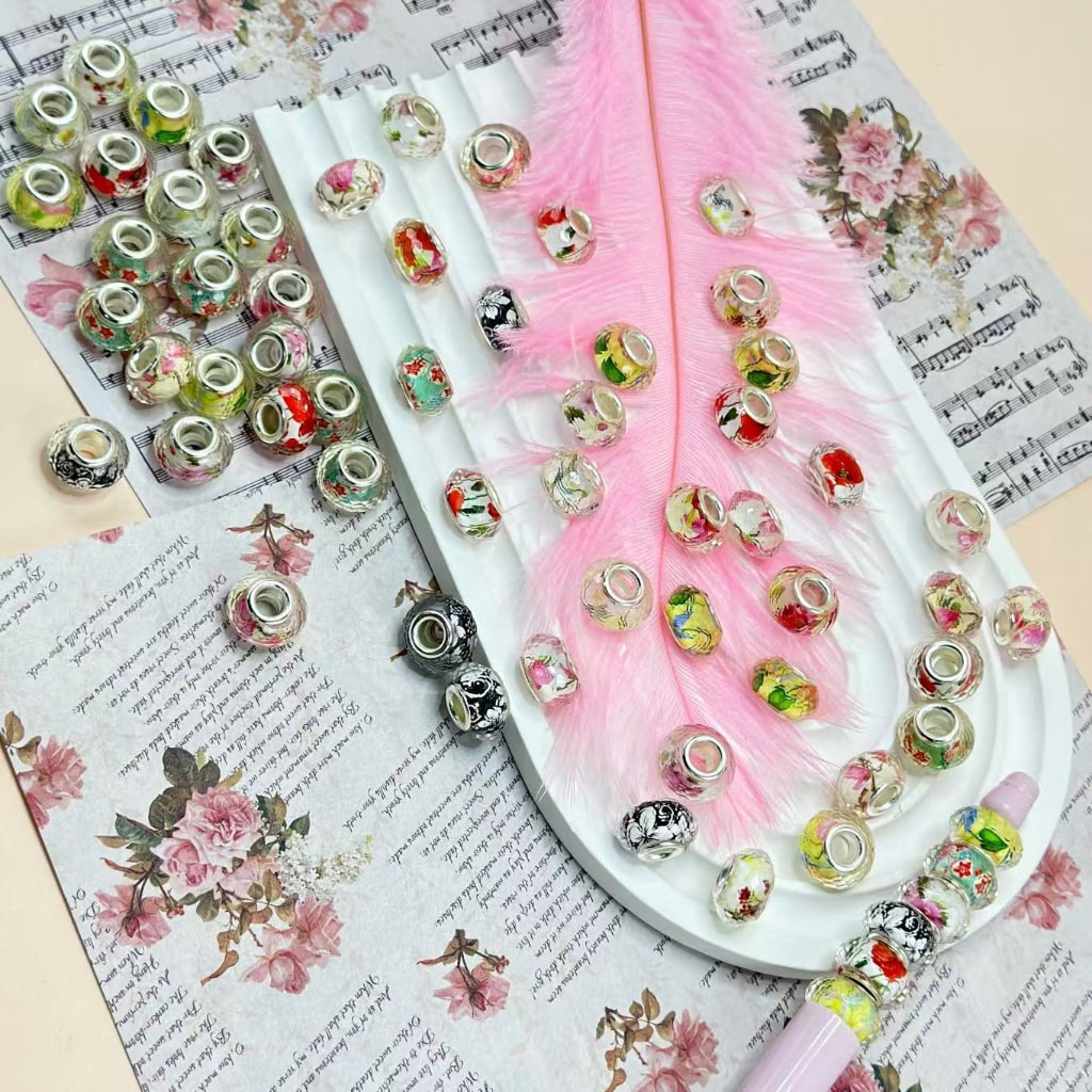 Flat Wheel Abcaus Clear Acrylic Beads Colorful Flowers Design Inside with Big Hole, Random Mix, 14MM