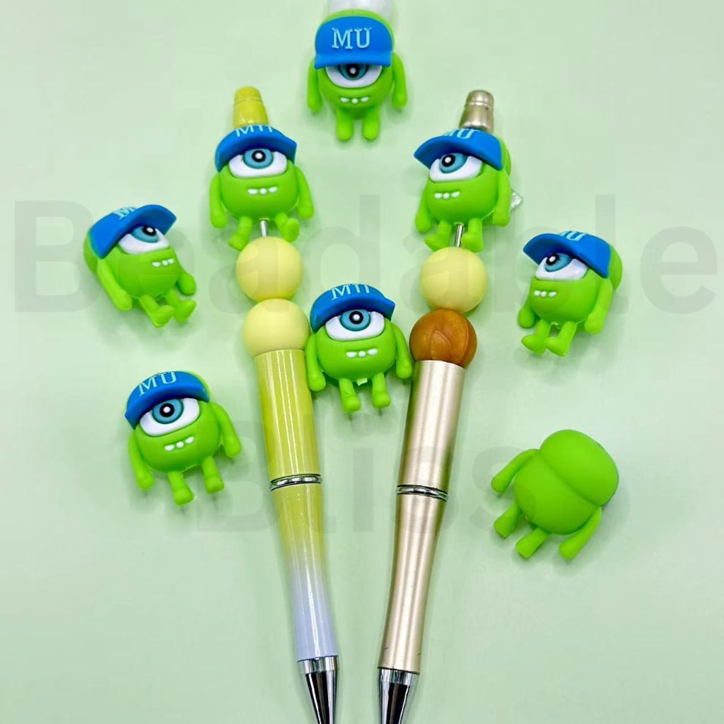 3D Little Cute Green Single Big Eye Monster in a Blue Cap Universit Mik Silicone Focal Beads