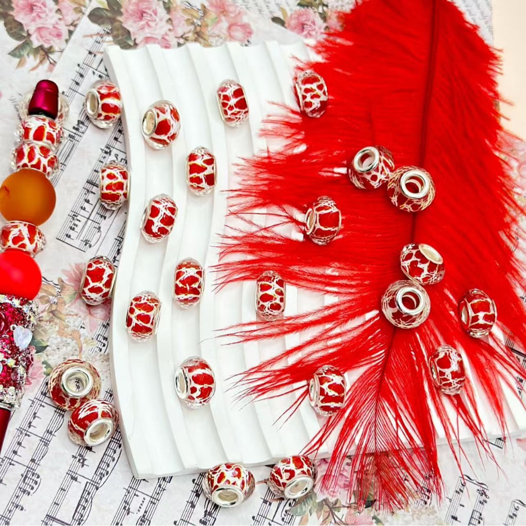 Polyhedral Clear Wheel Abcaus Acrylic Beads Red White Prints Inside with Large Hole, Random Mix, 14MM