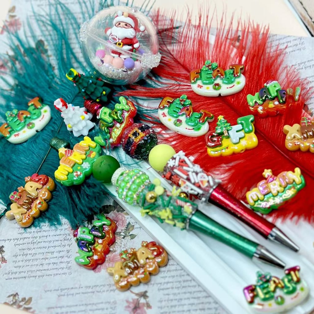 UV Finish Cute Happy Merry Feast Xmas Christmas Acrylic Beads, Random Mix, Around 31*22MM