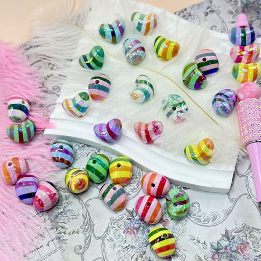 UV Finish Multi-Color Heart Acrylic Beads with Colorful Stripes, Random Mix, 20*15MM