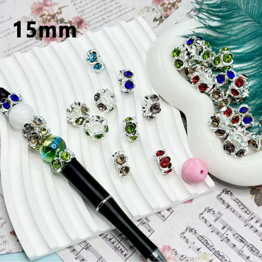 Delicate Silver Metal Spacer with Flowers Shiny Rhinestones Inside , Random Mix, 15MM