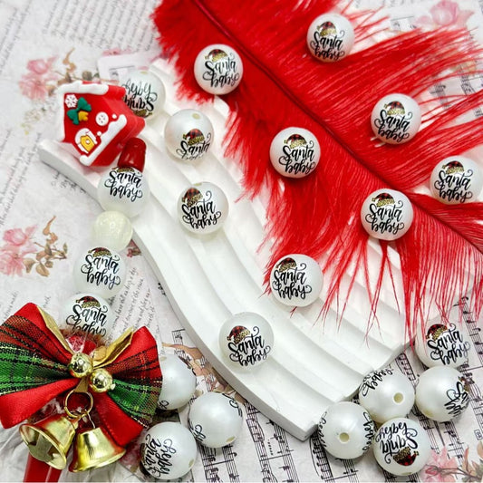 Frosted Matte Christmas Hat Santa Baby White Round Acrylic Beads, 16MM