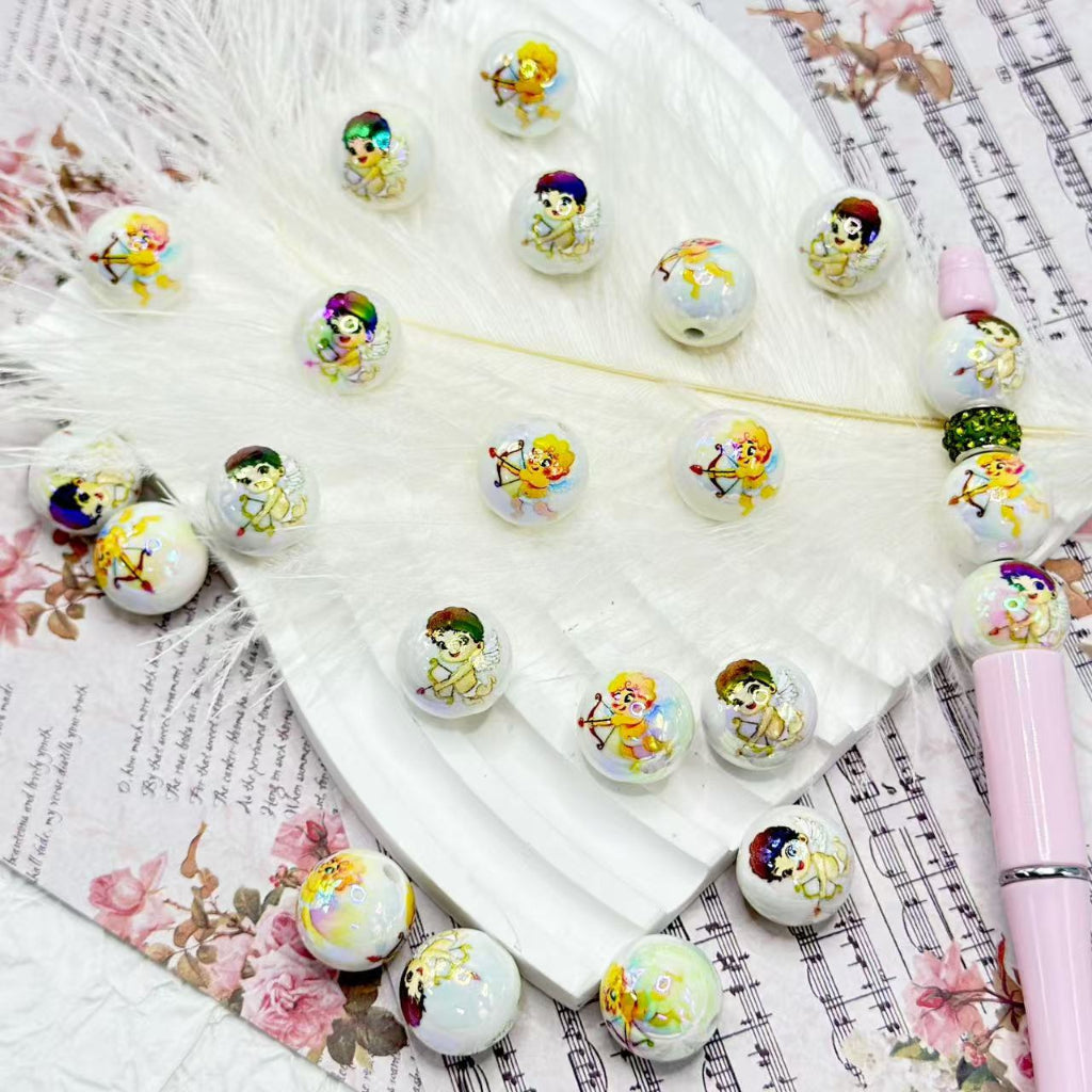 UV Finish Cute Cupid Angel Goddess of Love Arrow White Round Acrylic Beads, Random Mix, 16MM