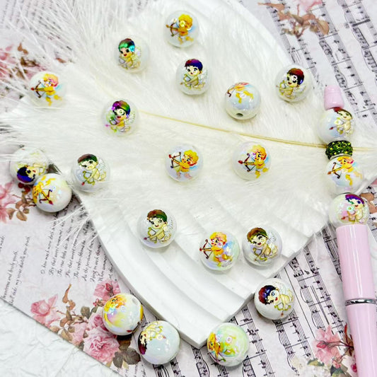 UV Finish Cute Cupid Angel Goddess of Love Arrow White Round Acrylic Beads, Random Mix, 16MM