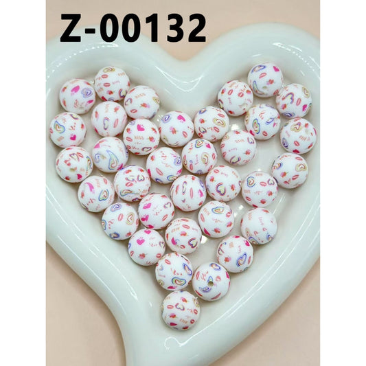 Love Valentines Heart Kiss White Round Printed Silicone Beads 15mm, Number Z-00132