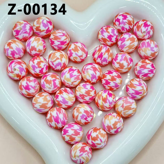 Multi-Color Abstract Geometry Designs White Round Printed Silicone Beads 15mm, Number Z-00134