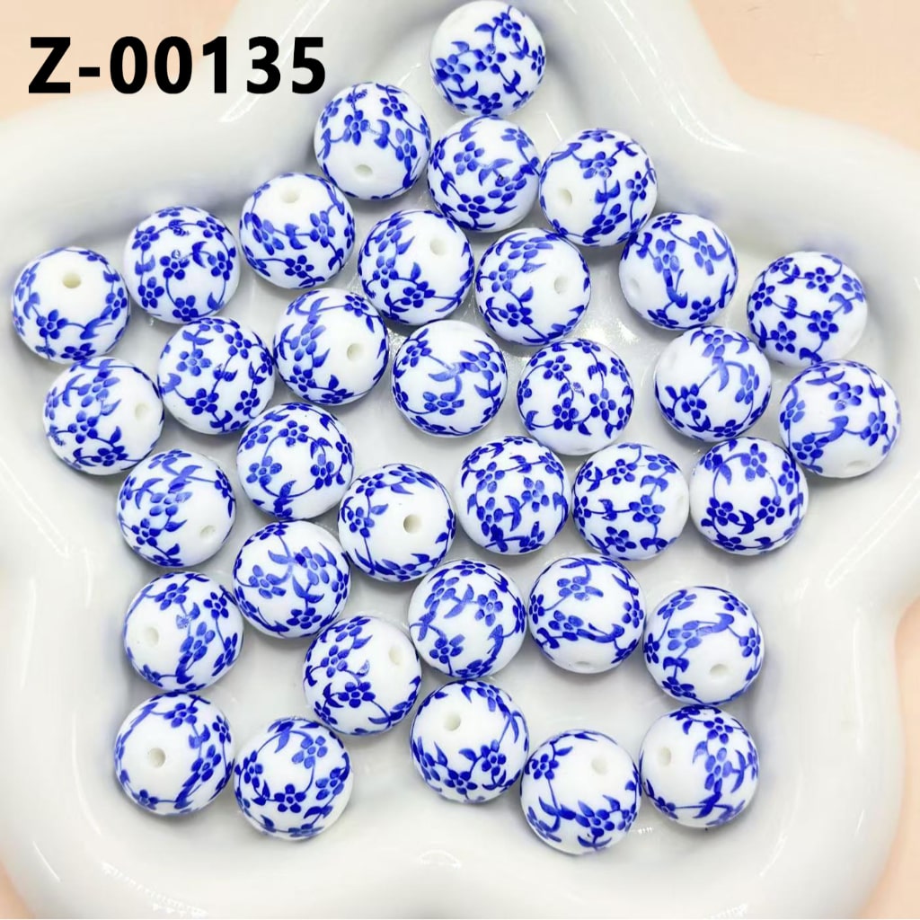 Blue and White Beads, Blue Flowers on White Background, Printed Silicone Beads, Size 15mm, Number Z-00135