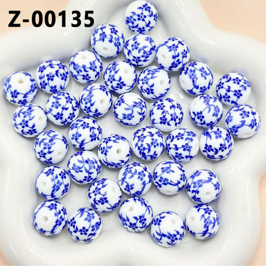 Mini Cute Blue Flowers White Round Printed Silicone Beads 15mm, Number Z-00135