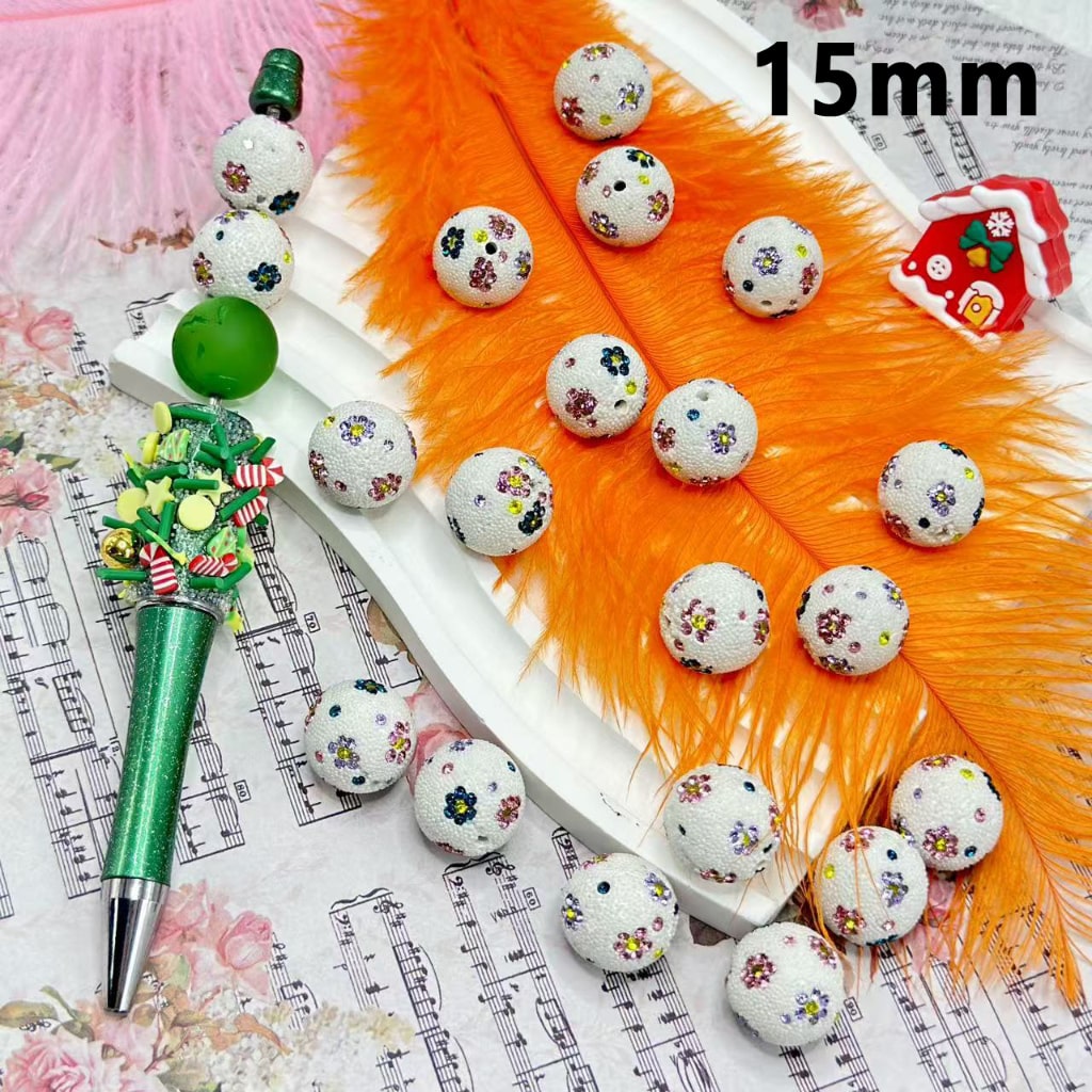 Bling Bling Mini Cute Rhinestone Flower Bumpy White Round Clay Beads, 15MM