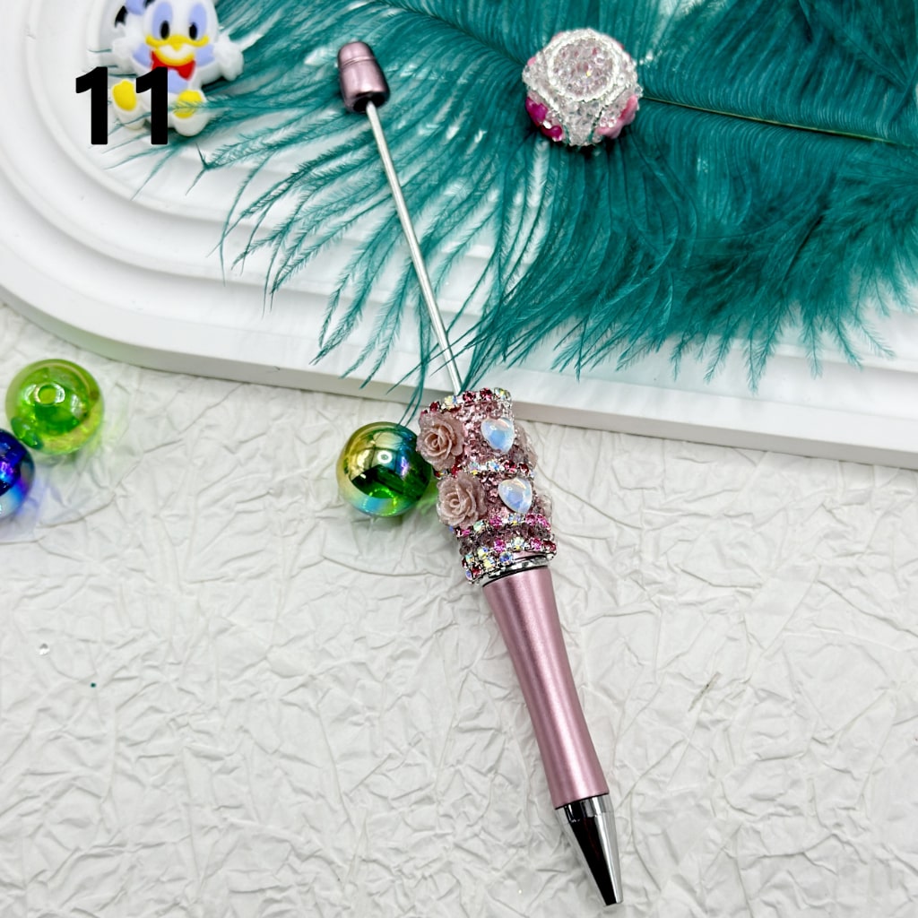 Luminous Beadable Pens with Mini Flower Shiny Rhinestones Chain Heart Diamond in Solid Colors