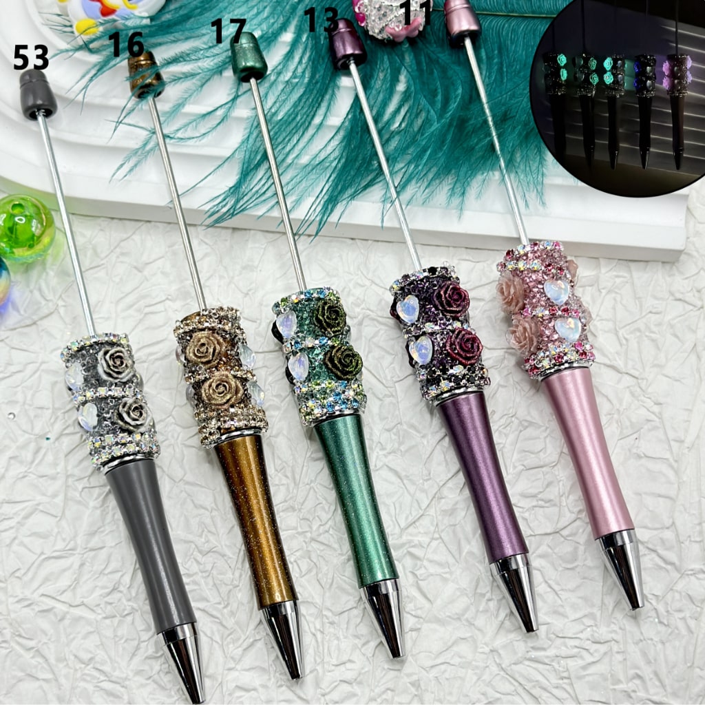 Luminous Beadable Pens with Mini Flower Shiny Rhinestones Chain Heart Diamond in Solid Colors