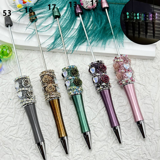 Luminous Beadable Pens with Mini Flower Shiny Rhinestones Chain Heart Diamond in Solid Colors