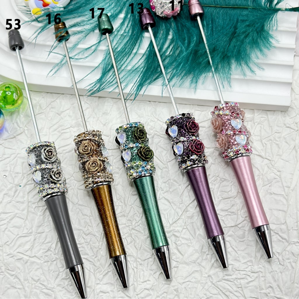 Luminous Beadable Pens with Mini Flower Shiny Rhinestones Chain Heart Diamond in Solid Colors