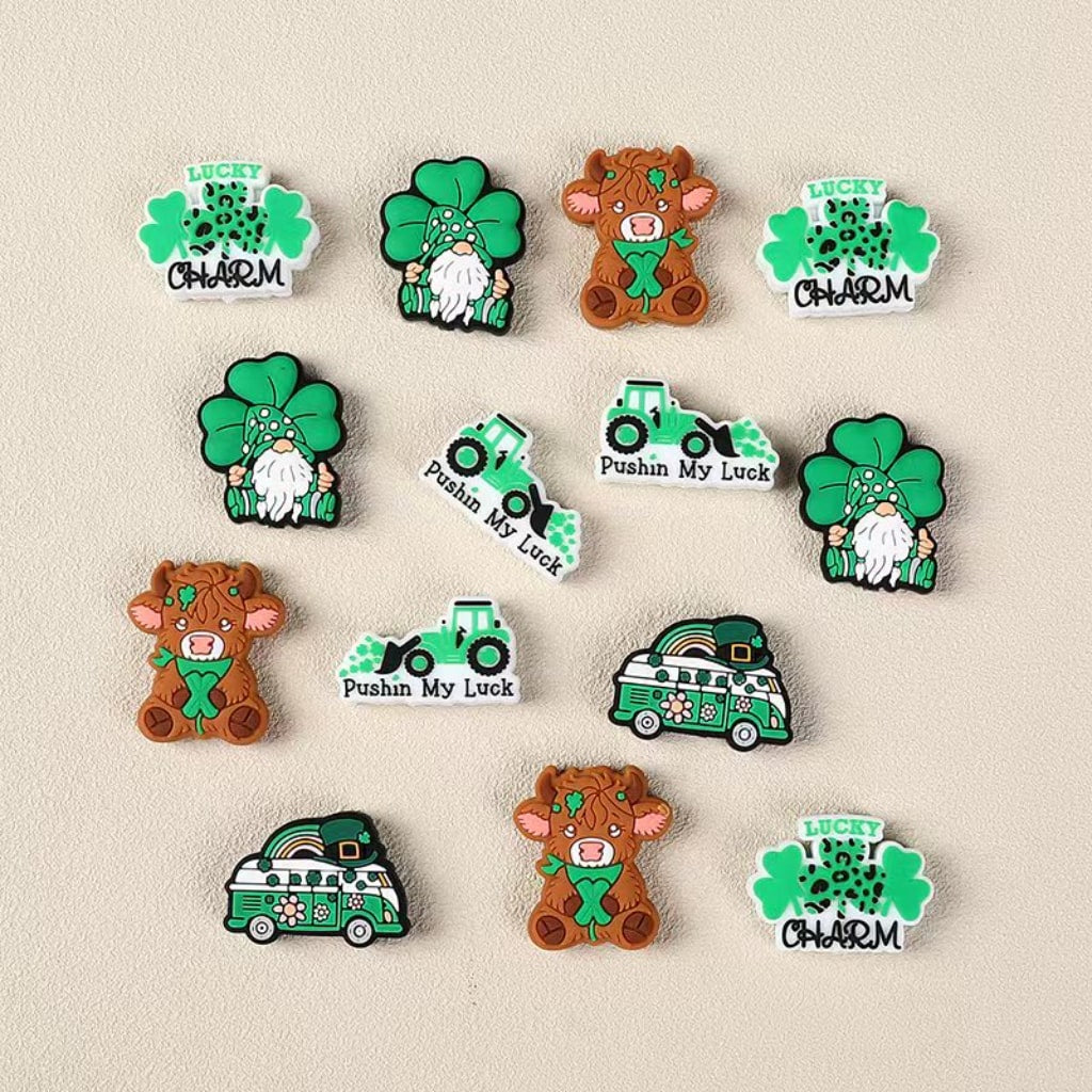 Irish Saint Patrick's Day Green Luck Clover Series Highland Cow Gnome Bus Charm Silicone Focal Beads