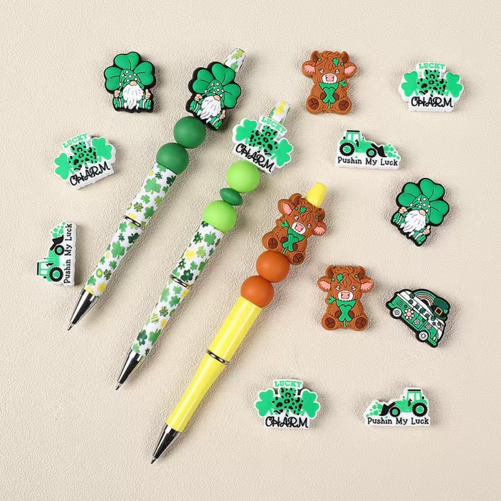 Irish Saint Patrick's Day Green Luck Clover Series Highland Cow Gnome Bus Charm Silicone Focal Beads